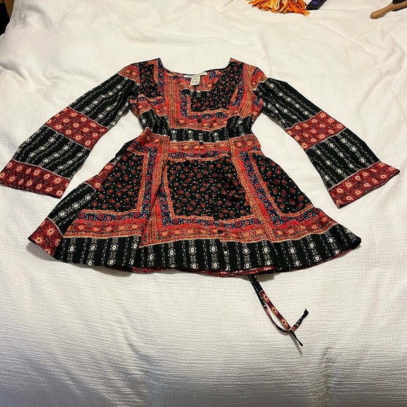 American Rag Boho Mini Dress Patchwork Bell Sleeve Scarf Tunic Flare Bandana XS - Picture 3 of 9